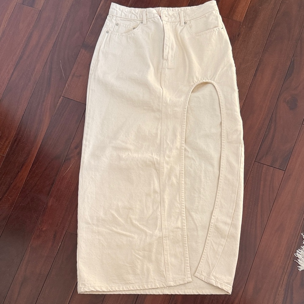 Beige botany - high slit cream jean maxi skirt